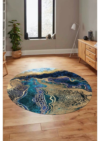 Modern Mermer Desen Kaymaz Yıkanabilir Yuvarlak Mutfak Salon Halısı, Y-Mermer-25-Mavi,