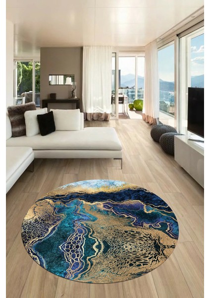 Modern Mermer Desen Kaymaz Yıkanabilir Yuvarlak Mutfak Salon Halısı, Y-Mermer-25-Mavi, fırsatları