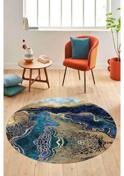 Modern Mermer Desen Kaymaz Yıkanabilir Yuvarlak Mutfak Salon Halısı, Y-Mermer-25-Mavi, indirimleri
