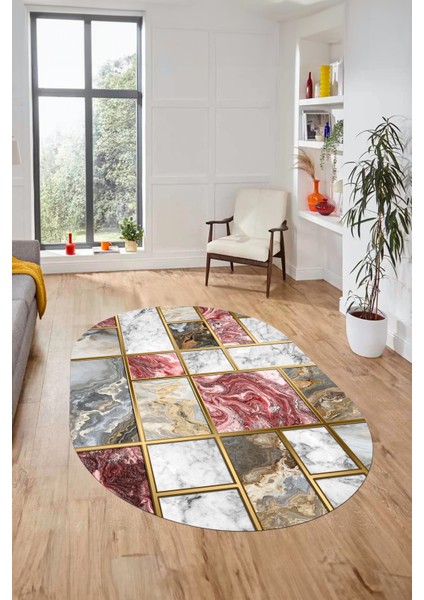 Şık Tasarım Mermer Desenli Dijital Kaymaz Yıkanabilir Oval Koridor Salon Halısı, O-Mermer-28-Bordo,