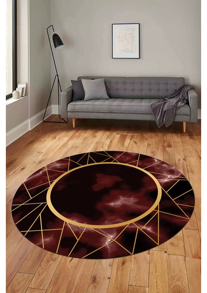 Çerçeveli Mermer Desen Kaymaz Yıkanabilir Yuvarlak Mutfak Salon Halısı, Y-Mermer-24-Bordo,