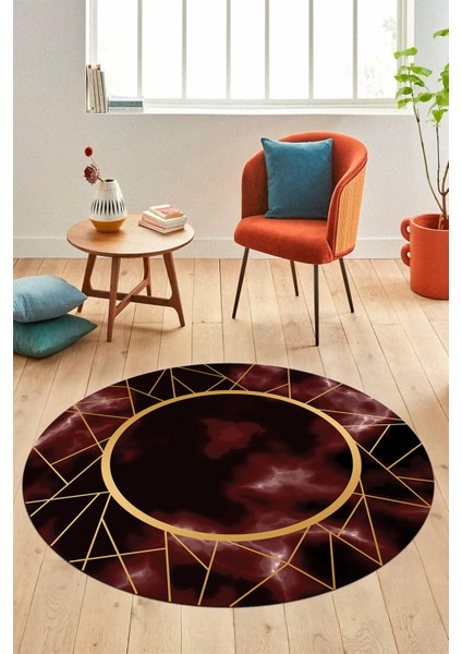 Çerçeveli Mermer Desen Kaymaz Yıkanabilir Yuvarlak Mutfak Salon Halısı, Y-Mermer-24-Bordo,