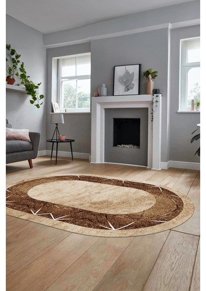 Şık Mermer Desenli Dijital Kaymaz Yıkanabilir Oval Yolluk Koridor Salon Halısı, O-Mermer-13-Kahve,