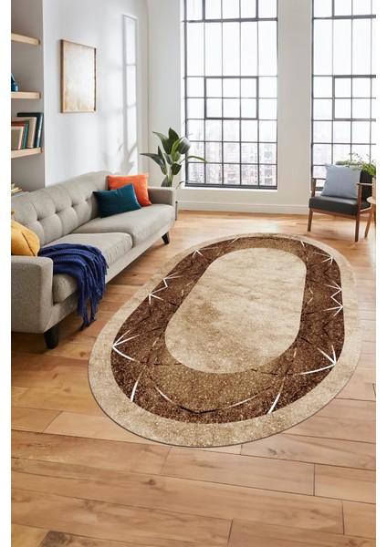 Şık Mermer Desenli Dijital Kaymaz Yıkanabilir Oval Yolluk Koridor Salon Halısı, O-Mermer-13-Kahve,