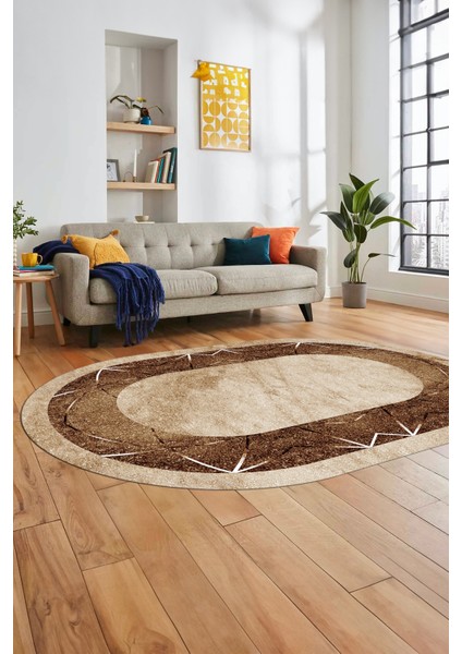 Şık Mermer Desenli Dijital Kaymaz Yıkanabilir Oval Yolluk Koridor Salon Halısı, O-Mermer-13-Kahve,