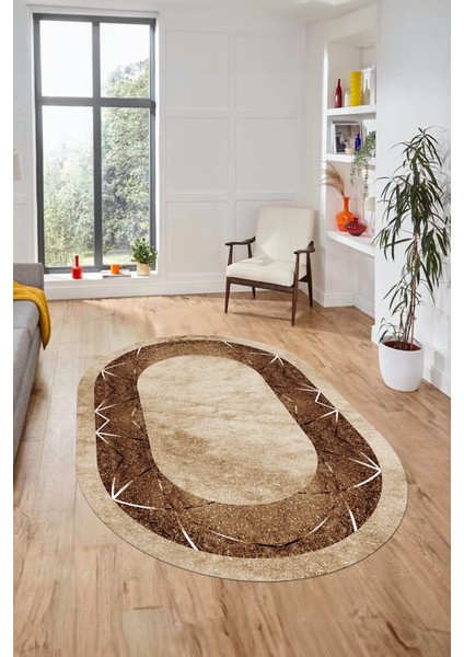 Şık Mermer Desenli Dijital Kaymaz Yıkanabilir Oval Yolluk Koridor Salon Halısı, O-Mermer-13-Kahve,