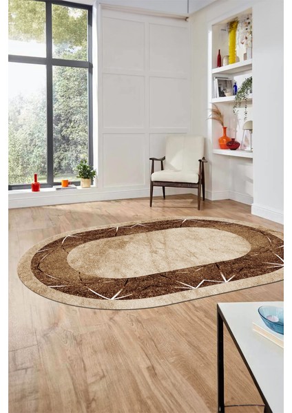 Şık Mermer Desenli Dijital Kaymaz Yıkanabilir Oval Yolluk Koridor Salon Halısı, O-Mermer-13-Kahve,