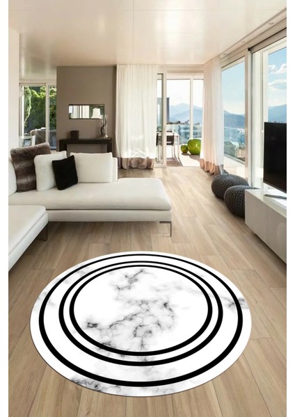 Baskılı Kaymaz Yıkanabilir Modern Mermer Desenli Yuvarlak Mutfak Salon Halısı, Y-Mermer-05-Siyah,