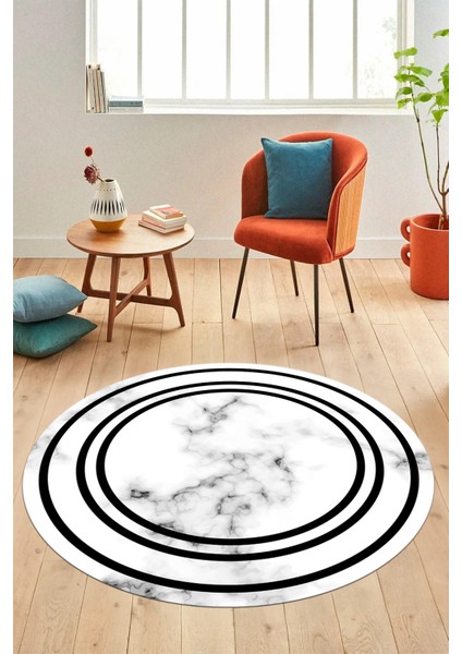 Baskılı Kaymaz Yıkanabilir Modern Mermer Desenli Yuvarlak Mutfak Salon Halısı, Y-Mermer-05-Siyah,