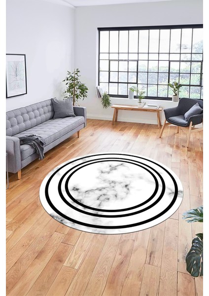 Baskılı Kaymaz Yıkanabilir Modern Mermer Desenli Yuvarlak Mutfak Salon Halısı, Y-Mermer-05-Siyah,