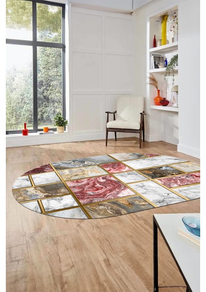 Şık Tasarım Mermer Desenli Dijital Kaymaz Yıkanabilir Oval Koridor Salon Halısı, O-Mermer-28-Bordo,
