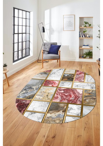 Şık Tasarım Mermer Desenli Dijital Kaymaz Yıkanabilir Oval Koridor Salon Halısı, O-Mermer-28-Bordo,