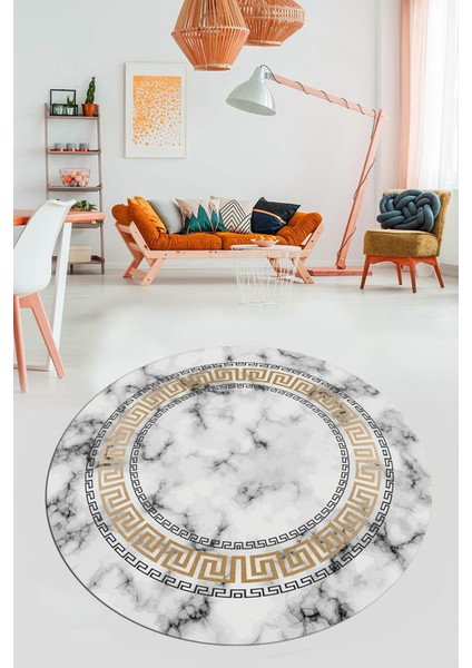 Şık Çerçeveli Mermer Desenli Dijital Kaymaz Yıkanabilir Yuvarlak Salon Halısı, Y-Mermer-14-Gold,