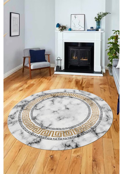 Şık Çerçeveli Mermer Desenli Dijital Kaymaz Yıkanabilir Yuvarlak Salon Halısı, Y-Mermer-14-Gold, modelleri