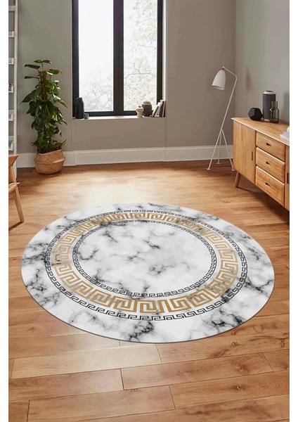 Şık Çerçeveli Mermer Desenli Dijital Kaymaz Yıkanabilir Yuvarlak Salon Halısı, Y-Mermer-14-Gold, fırsatları