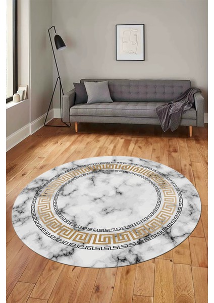 Şık Çerçeveli Mermer Desenli Dijital Kaymaz Yıkanabilir Yuvarlak Salon Halısı, Y-Mermer-14-Gold, indirimleri