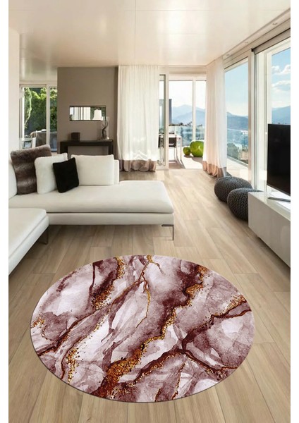 Baskılı Kaymaz Yıkanabilir Mermer Desenli Yuvarlak Mutfak Salon Halısı, Y-Mermer-02-Bordo,
