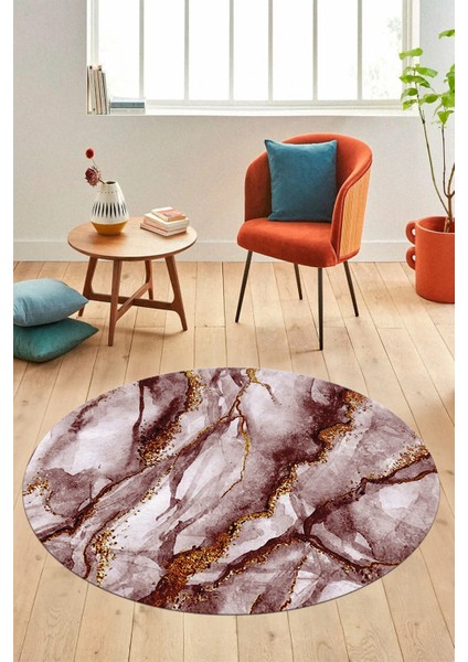 Baskılı Kaymaz Yıkanabilir Mermer Desenli Yuvarlak Mutfak Salon Halısı, Y-Mermer-02-Bordo,