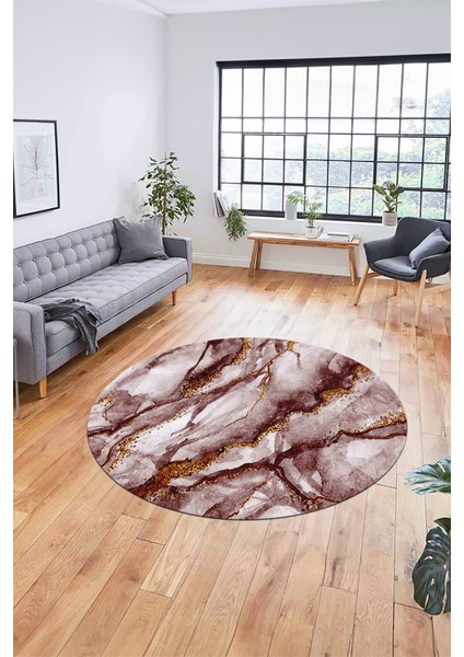 Baskılı Kaymaz Yıkanabilir Mermer Desenli Yuvarlak Mutfak Salon Halısı, Y-Mermer-02-Bordo,