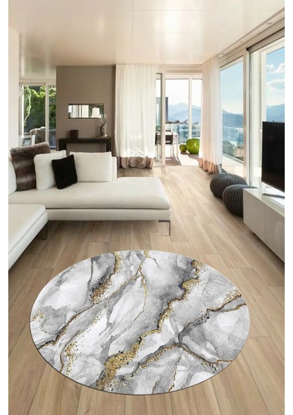Baskılı Kaymaz Yıkanabilir Mermer Desenli Yuvarlak Mutfak Salon Halısı, Y-Mermer-02-Gri,