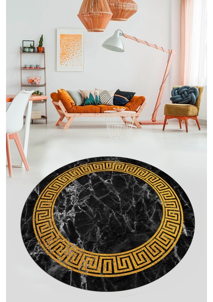 Çerçeveli Mermer Desenli Dijital Kaymaz Yıkanabilir Yuvarlak Salon Halısı, Y-Mermer-12-Siyah,