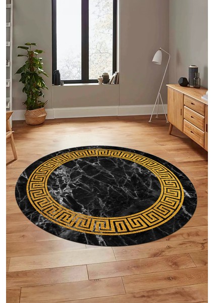 Çerçeveli Mermer Desenli Dijital Kaymaz Yıkanabilir Yuvarlak Salon Halısı, Y-Mermer-12-Siyah,