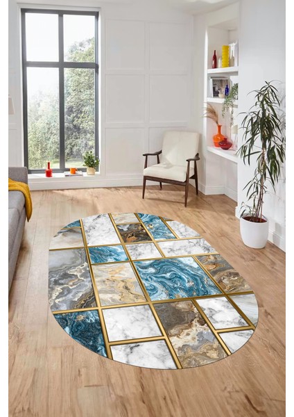 Şık Tasarım Mermer Desenli Dijital Kaymaz Yıkanabilir Oval Koridor Salon Halısı, O-Mermer-28-Mavi,