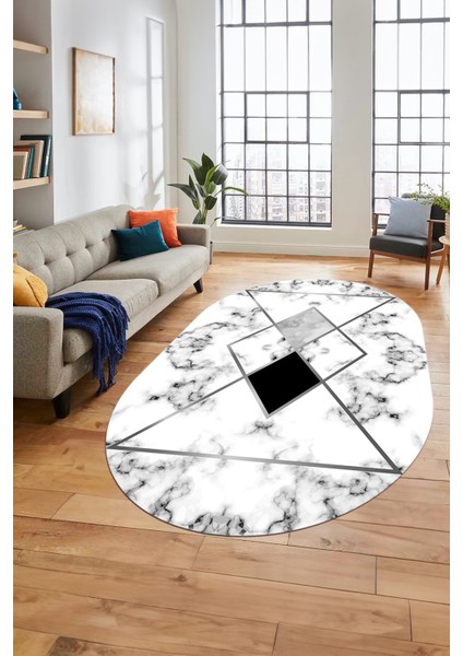 Mermer Desenli Dijital Kaymaz Yıkanabilir Oval Yolluk Koridor Salon Halısı, O-Mermer-20-Gri,
