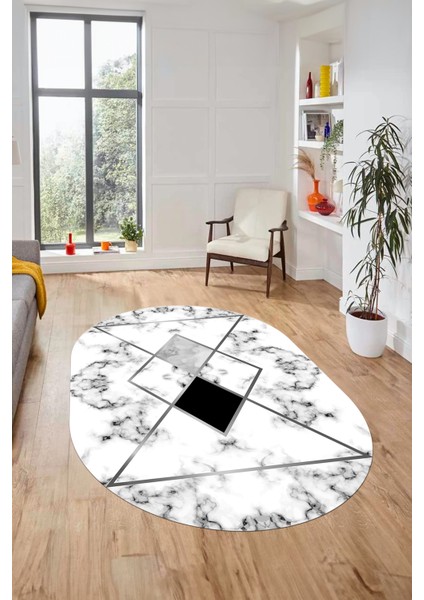 Mermer Desenli Dijital Kaymaz Yıkanabilir Oval Yolluk Koridor Salon Halısı, O-Mermer-20-Gri,