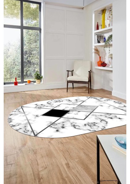Mermer Desenli Dijital Kaymaz Yıkanabilir Oval Yolluk Koridor Salon Halısı, O-Mermer-20-Gri,
