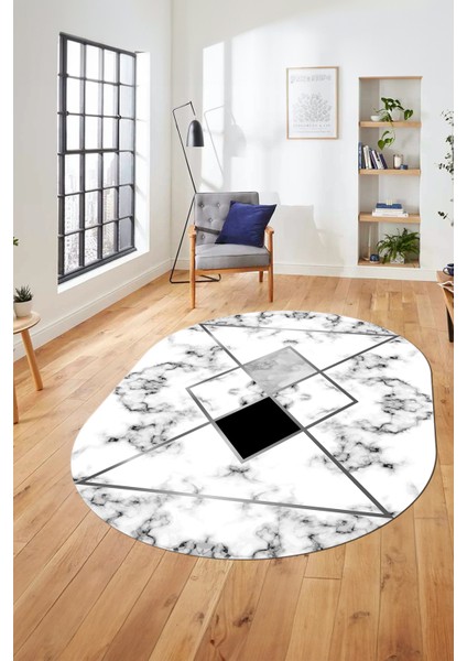 Mermer Desenli Dijital Kaymaz Yıkanabilir Oval Yolluk Koridor Salon Halısı, O-Mermer-20-Gri,
