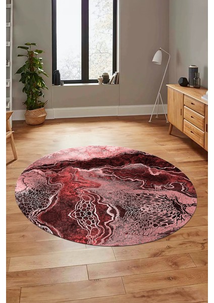Modern Mermer Desen Kaymaz Yıkanabilir Yuvarlak Mutfak Salon Halısı, Y-Mermer-25-Bordo,