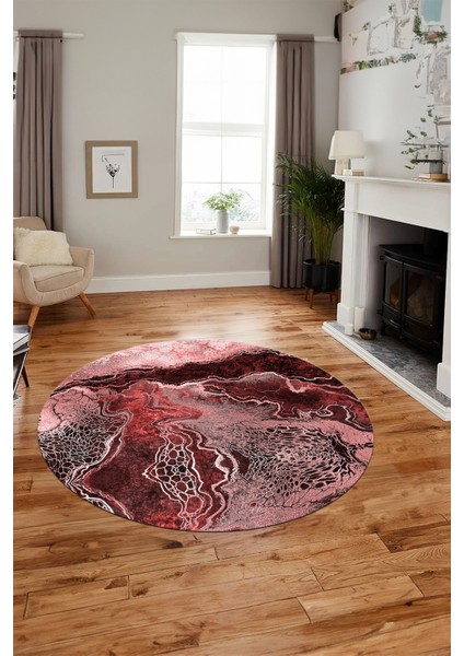 Modern Mermer Desen Kaymaz Yıkanabilir Yuvarlak Mutfak Salon Halısı, Y-Mermer-25-Bordo,