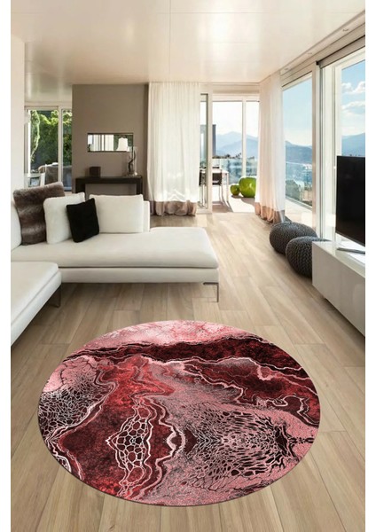Modern Mermer Desen Kaymaz Yıkanabilir Yuvarlak Mutfak Salon Halısı, Y-Mermer-25-Bordo,