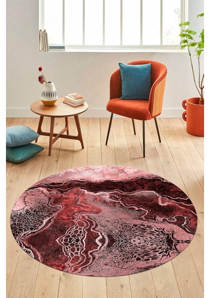 Modern Mermer Desen Kaymaz Yıkanabilir Yuvarlak Mutfak Salon Halısı, Y-Mermer-25-Bordo,