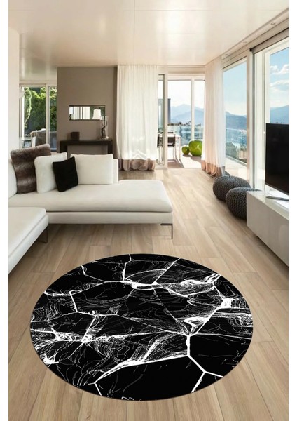 Baskılı Kaymaz Yıkanabilir Mermer Desen Yuvarlak Mutfak Salon Halısı, Y-Mermer-01-Siyah,
