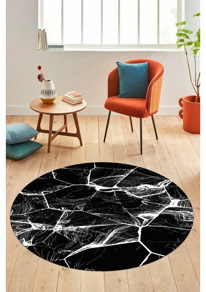 Baskılı Kaymaz Yıkanabilir Mermer Desen Yuvarlak Mutfak Salon Halısı, Y-Mermer-01-Siyah,