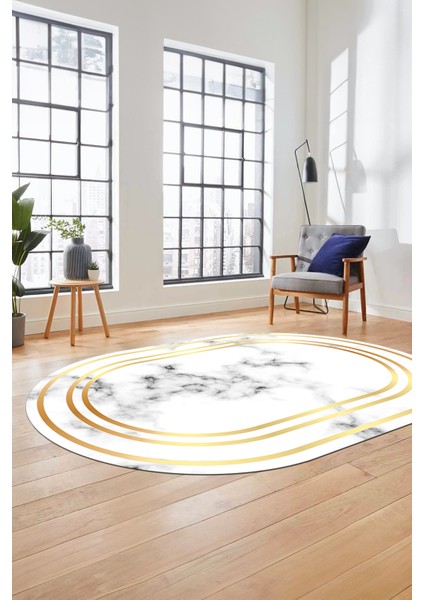 Baskılı Kaymaz Yıkanabilir Modern Mermer Desen Oval Mutfak Yolluk Salon Halısı, O-Mermer-05-Gold,