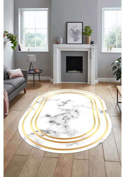 Baskılı Kaymaz Yıkanabilir Modern Mermer Desen Oval Mutfak Yolluk Salon Halısı, O-Mermer-05-Gold,