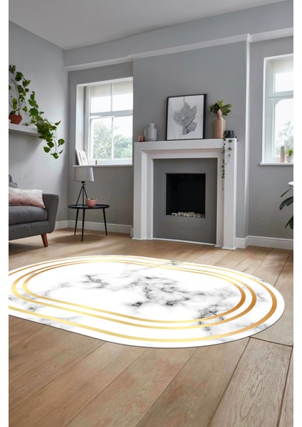 Baskılı Kaymaz Yıkanabilir Modern Mermer Desen Oval Mutfak Yolluk Salon Halısı, O-Mermer-05-Gold,