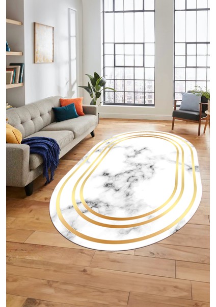 Baskılı Kaymaz Yıkanabilir Modern Mermer Desen Oval Mutfak Yolluk Salon Halısı, O-Mermer-05-Gold,