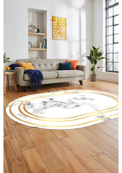 Baskılı Kaymaz Yıkanabilir Modern Mermer Desen Oval Mutfak Yolluk Salon Halısı, O-Mermer-05-Gold,