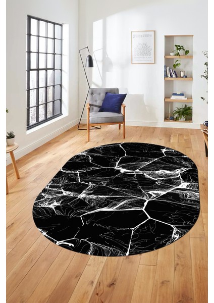 Baskılı Kaymaz Yıkanabilir Mermer Desen Oval Mutfak Yolluk Salon Halısı, O-Mermer-01-Siyah,