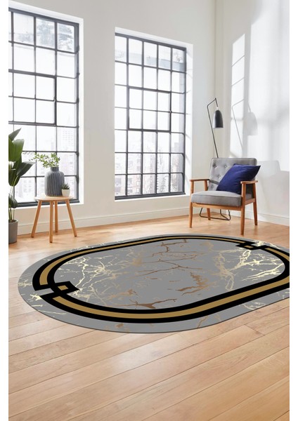 Baskılı Kaymaz Yıkanabilir Zarif Mermer Desenli Oval Mutfak Yolluk Salon Halısı, O-Mermer-07-Gri,