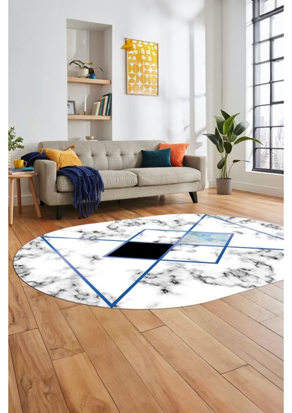 Mermer Desenli Dijital Kaymaz Yıkanabilir Oval Yolluk Koridor Salon Halısı, O-Mermer-20-Mavi, fiyatları