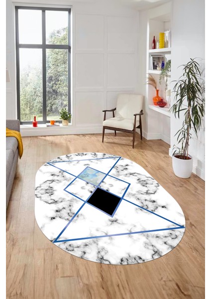 Mermer Desenli Dijital Kaymaz Yıkanabilir Oval Yolluk Koridor Salon Halısı, O-Mermer-20-Mavi, modelleri