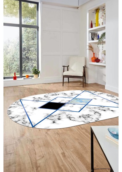 Mermer Desenli Dijital Kaymaz Yıkanabilir Oval Yolluk Koridor Salon Halısı, O-Mermer-20-Mavi, fırsatları
