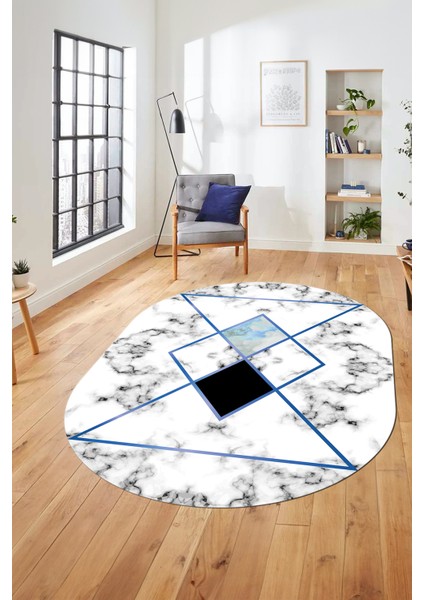 Mermer Desenli Dijital Kaymaz Yıkanabilir Oval Yolluk Koridor Salon Halısı, O-Mermer-20-Mavi, indirimleri