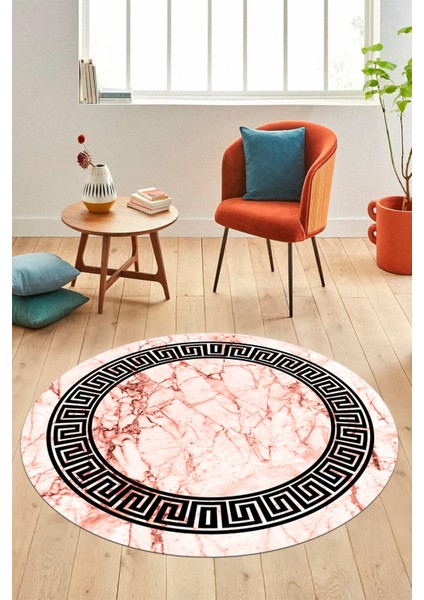 Çerçeveli Mermer Desenli Dijital Kaymaz Yıkanabilir Yuvarlak Salon Halısı, Y-Mermer-12-Pembe,