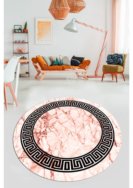 Çerçeveli Mermer Desenli Dijital Kaymaz Yıkanabilir Yuvarlak Salon Halısı, Y-Mermer-12-Pembe,